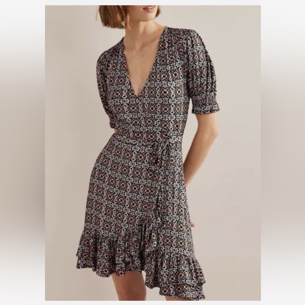 Boden Jersey Knit Stretch True Wrap Floral Ruffle Fall Dress Size 10